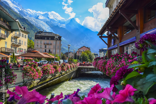 CHAMONIX, FRANCE. View of the Arve river and Mont-Blanc massif from the centre of Chamonix .