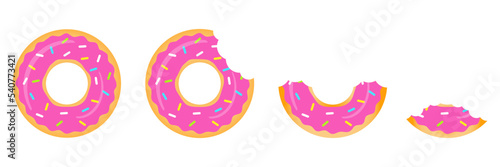 Whole and mouth bite pink donut set. Sweet berry glazed donuts collection. Unhealthy food. Vector isolated on white background.
