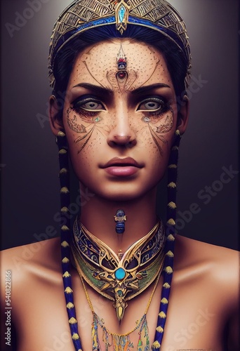 A fictional person, not based on a real person. Portrait of a beautiful priestess with makeup. Image of an ancient princess. . Generative AI