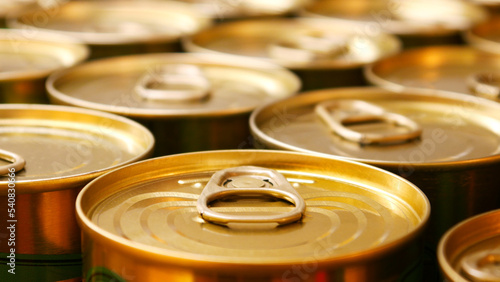 Close-up of many beautiful cans of canned food