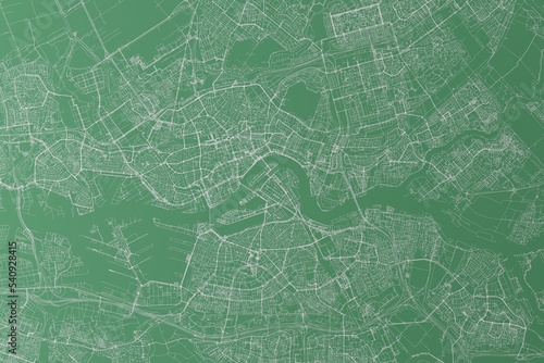 Stylized map of the streets of Rotterdam (Netherlands) made with white lines on green background. Top view. 3d render, illustration