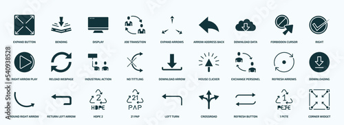 flat filled user interface icons set. glyph icons such as expand button, job transition, download data, right arrow play button, no tittling, exchange personel, round right arrow, 21 pap, refresh