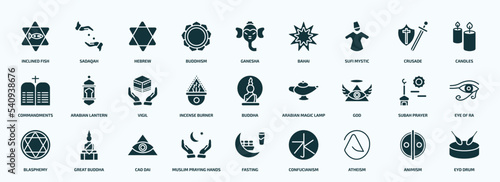 flat filled religion icons set. glyph icons such as inclined fish, buddhism, sufi mystic, commandments, incense burner, god, blasphemy, muslim praying hands, atheism, animism icons.