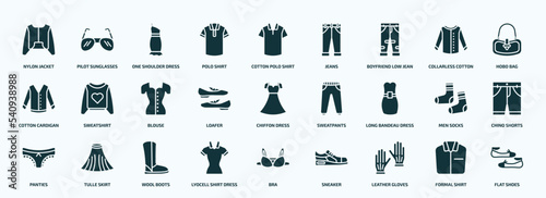 flat filled clothes icons set. glyph icons such as nylon jacket, polo shirt, boyfriend low jean, cotton cardigan, loafer, long bandeau dress, panties, lyocell shirt dress, leather gloves, formal