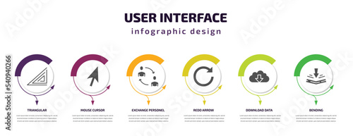 user interface infographic template with icons and 6 step or option. user interface icons such as triangular, mouse cursor, exchange personel, redo arrow, download data, bending vector. can be used
