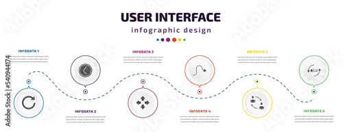 user interface infographic element with icons and 6 step or option. user interface icons such as redo arrow, round left button, four expand arrows, sketched arrow, exchange personel, alu vector. can