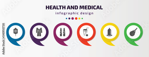 health and medical infographic template with icons and 6 step or option. health and medical icons such as salt, patient robe, ampoule, orange juice, condom, enema vector. can be used for banner,