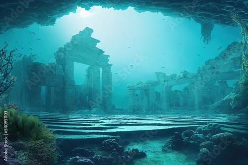 A large mass of ocean water covered the ruined temple. 3D rendering