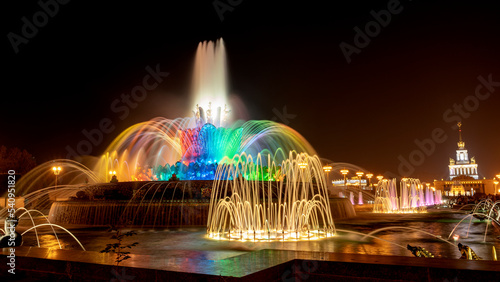Moscow, Russia, August 23, 2022: fountains at VDNH at night