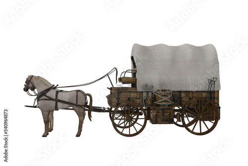 Old western style covered wagon pulled by two white horses. 3D illustration isolated on transparent background.