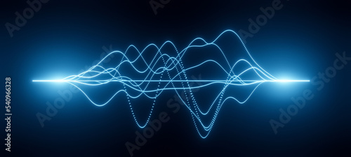 Bright glowing blue neon abstract wireframe sound waves, visualization of frequency signals audio wavelengths, futuristic technology waveform background with copy space for text