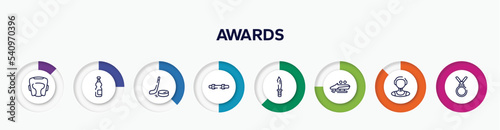 infographic element with awards outline icons. included headgear, isotonic, puck, diving belt, dive knife, bobsled, waterpolo player, nobel prize vector.