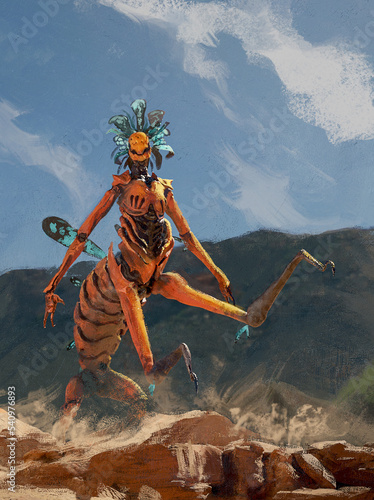 Digital 3d illustration of an orange insect creature based on a praying mantis for game concept art - fantasy painting