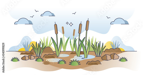 Peatlands or mires as decomposed organic material lands outline concept. Soil type with peat organic matter as rich nutrient and fertile land vector illustration. Sapropel biome and marsh environment.