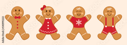 Set of gingerbread man and woman sweet cookies. Holiday winter Christmas symbols. Vector illustration.