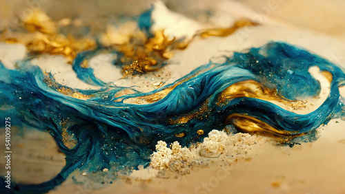 Abstract beautiful splash of ink with golden and blue tones over handcrafted paper in beige tone