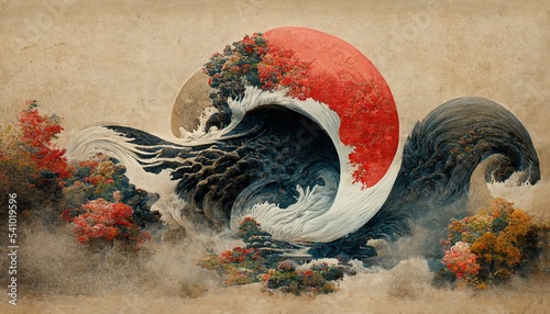 The great wave off kanagawa painting reproduction. Wave of blue. Japanese style. 3d rendering