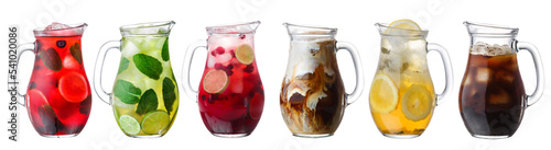 Iced drinks in pitchers isolated