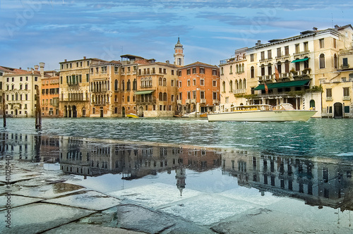 This is Aqua Alta on the embankment of the Grand Canal, high water, flooding in Venice, Italy.