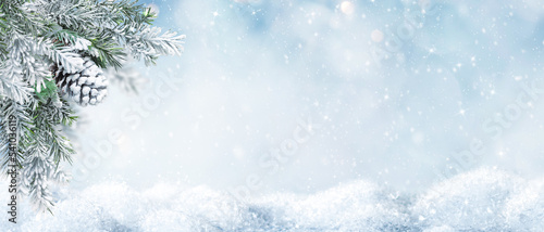 Beautiful Winter Landscape with snovy Fir Tree Branches and Cones in Snowy Forest. Christmas and New Year greeting card. Winter banner with copy space.