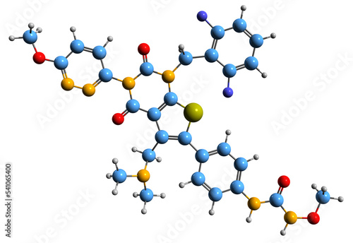  3D image of Relugolix skeletal formula - molecular chemical structure of GnRH receptor antagonist isolated on white background 