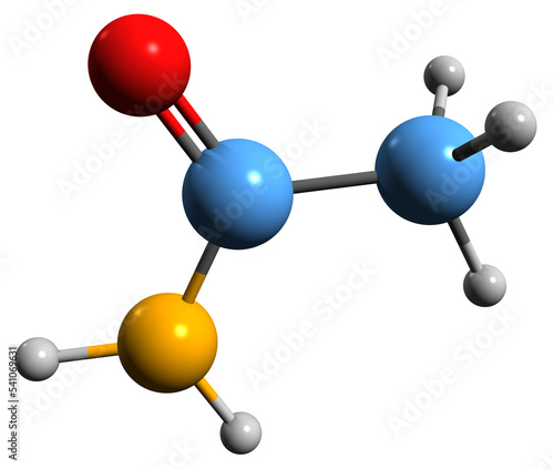  3D image of Acetamide skeletal formula - molecular chemical structure of Acetic acid amide isolated on white background 