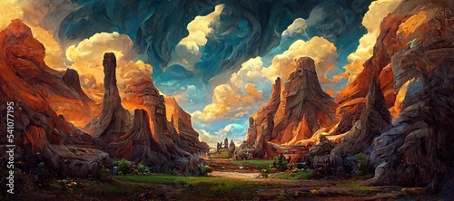 Awe inspiring sandstone butte pillar rock formations, ancient inscribed canyon valley monolithic arches and cliffs - wild flowers and majestic epic surreal turbulent storm clouds. 