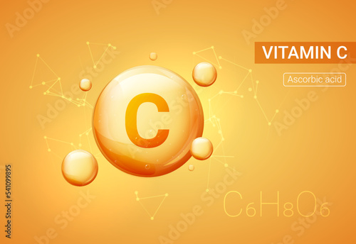 Vitamin C bubble background collagen serum pill drop icon. Skin vector health acid yellow vitamin c concept.