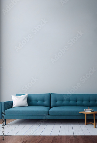 Rooms with blue sofa, wooden parquet floor, white and gray room color, apartment without furniture.