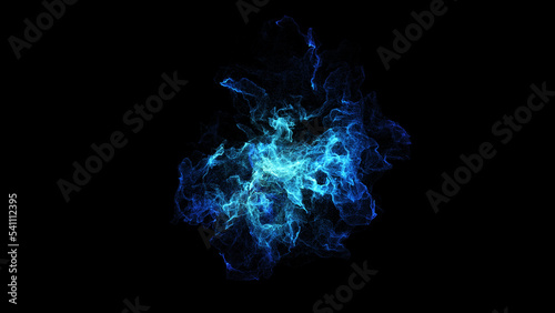 Blue energy plasma spread around center with 3d rendering simulation particle effect.