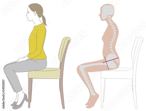 反り腰で椅子に座る女性と骨格図