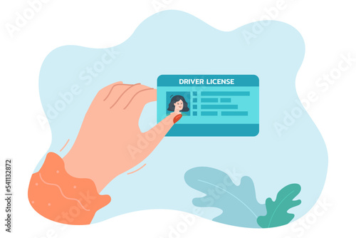 Hand of woman holding plastic drivers license card. Personal identity document with photo for person flat vector illustration. Driving car concept for banner, website design or landing web page