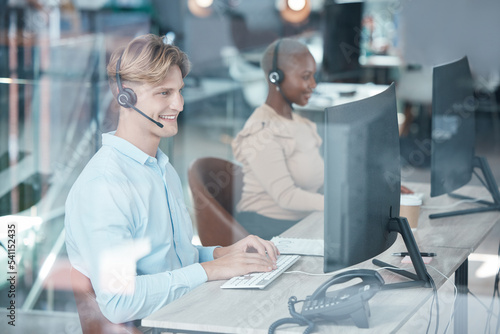 Call center, people and typing at computer desk for customer service consultant communication. Contact us, technical support or telemarketing with satisfied smile of workers online in office.