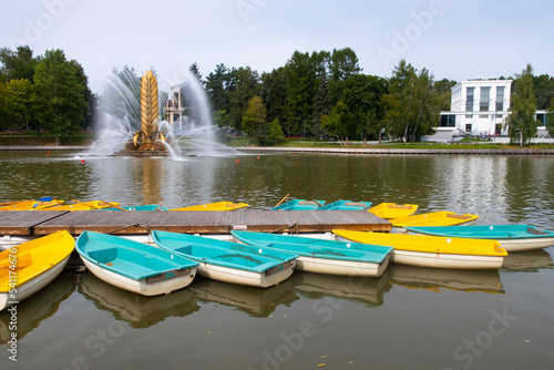 VDNH, Kamensky Pond, view of the Golden Spike fountain and boat station, landmark