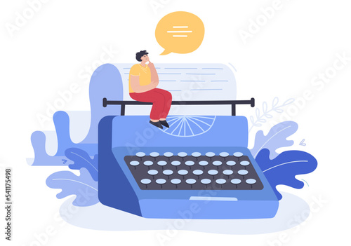 Screenwriter writing screenplay for movie or theater play. Tiny male author sitting on vintage typewriter with paper, playwright thinking about text flat vector illustration. Scenario, art concept