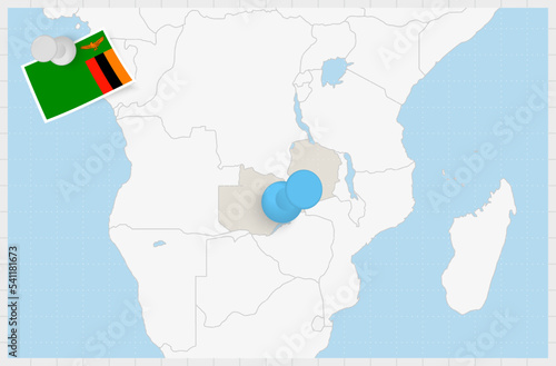 Map of Zambia with a pinned blue pin. Pinned flag of Zambia.
