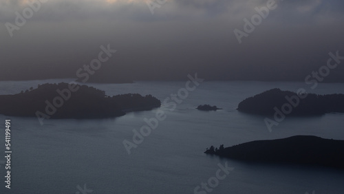 Island around Lyttelton Harbour on cloudy morning, Christchurch, New Zealand.