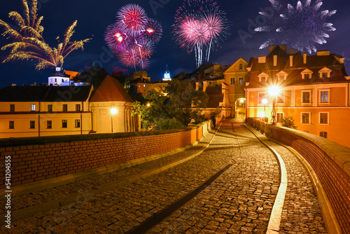 New year celebrate fireworks over Old Town of Lublin. Poland, Europe