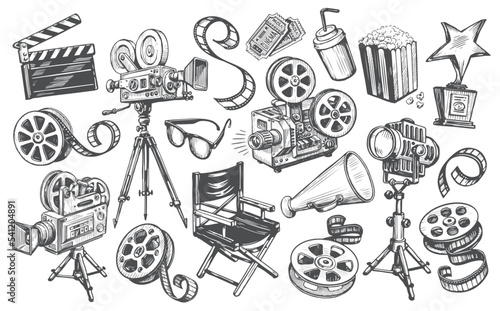 Cinema set in sketch style. Making movie, film screening, tv, video concept. Hand drawn vintage vector illustration