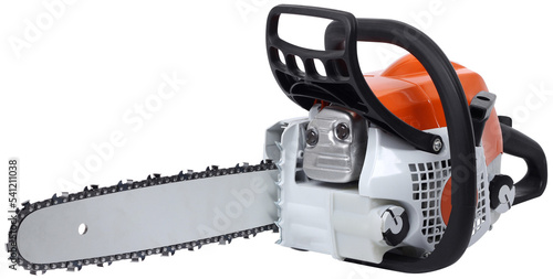 Modern new motor chain saw front side view isolated