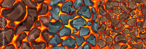 Lava, magma with stones in cartoon style seamless pattern background. Eruption effect, landscape. Texture, design