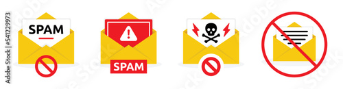 Spamming mailbox icon set. Email hacking and spam warning symbol collection. Vector Illustration.