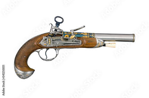 Ancient 18th century Spanish pistol with flintlock isolated