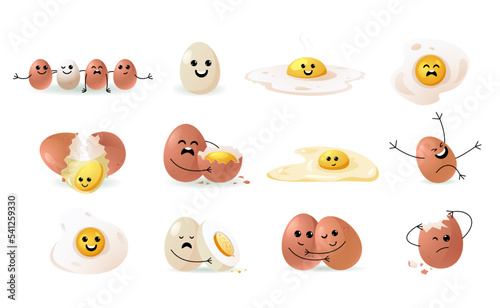 Cute egg faces. Cartoon funny doodle happy characters, easter egghead kawaii emoji flat comic emotion mascot kid stickers. Vector isolated set