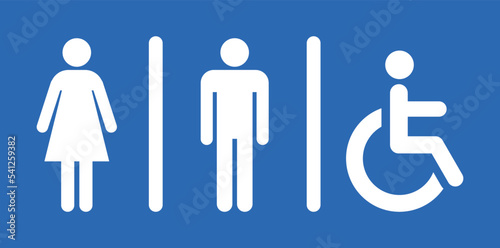 Toilet signs isolated on blue background. Toilet pictogram. Restroom sign. Men and women symbols. Vector stock