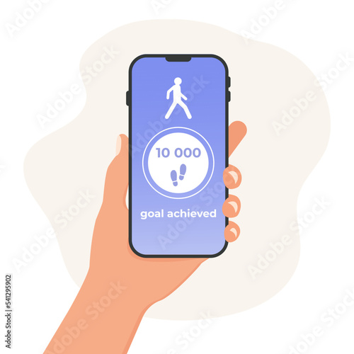 10,000 steps a day is the norm. Walk health. Pedometer app. Tracking. 