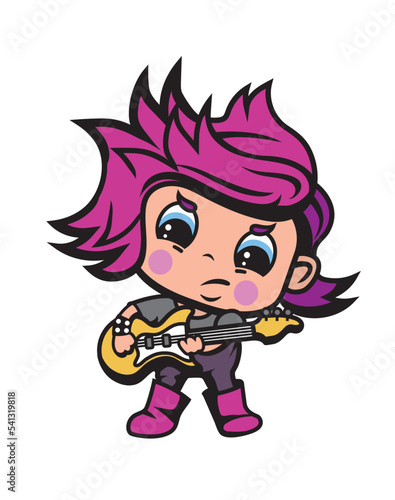 Cute cartoon style illustration of a girl playing electric guitar 