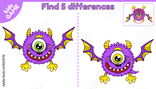 Find the difference game for kids. Educational activity with cartoon monster. Worksheet for printing. Vector illustration.