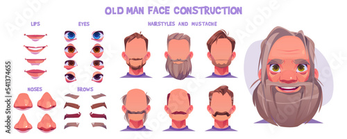Old man face animation constructor, cartoon elderly male character creation set with various hairstyles, eyes, noses, lips, eyebrows, beards or mustaches, isolated aged white personage, Vector kit