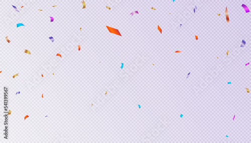 Falling colored bright confetti isolated on transparent background. Bright festive tinsel of different colors. 